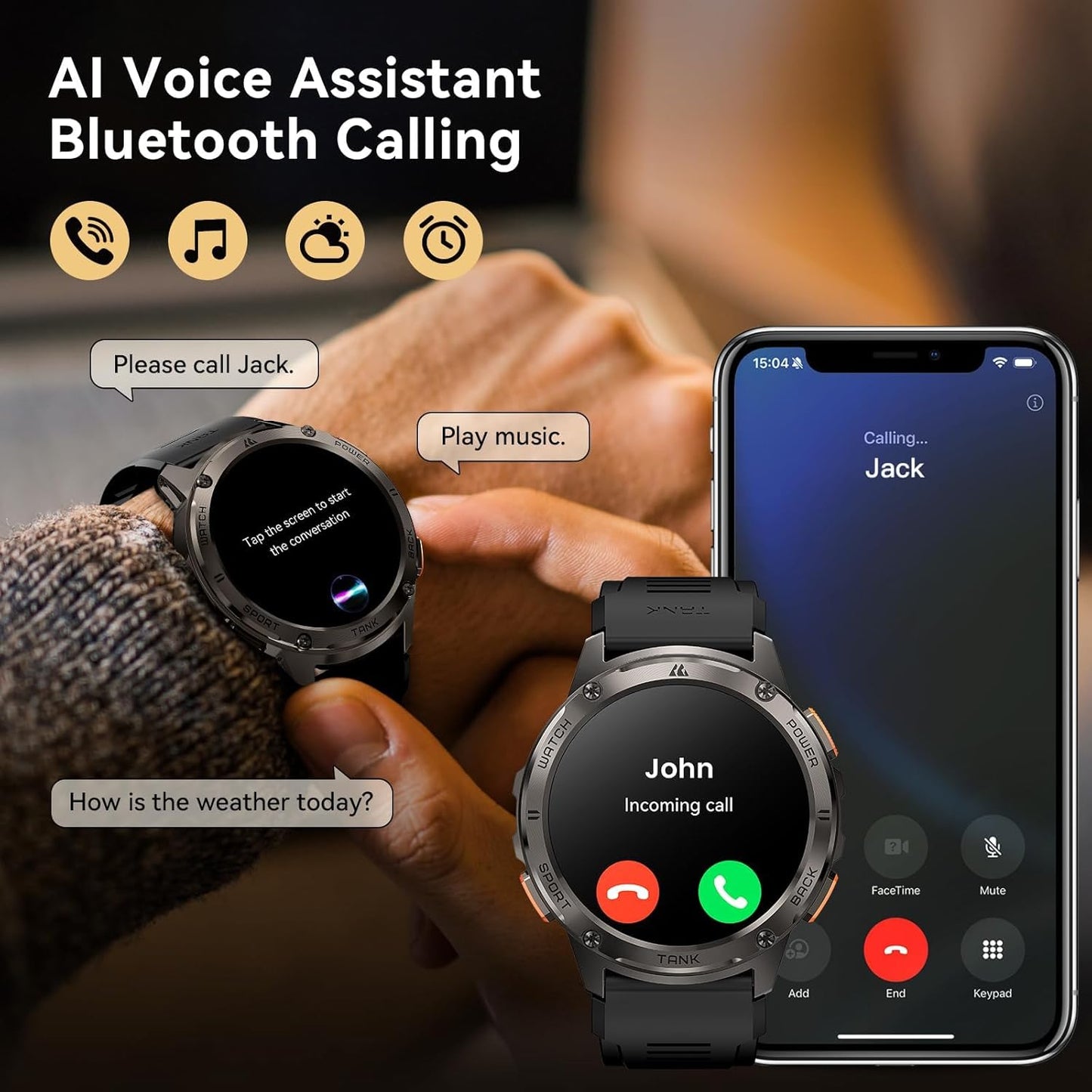 AMAZTIM Smart Watches for Men,60 Days Extra-Long Battery, Rugged Military Bluetooth Call(Answer/Dial Calls),1.43" Ultra HD AMOLED Display,Full Metal Body SmartWatch Compatible iPhone and Android