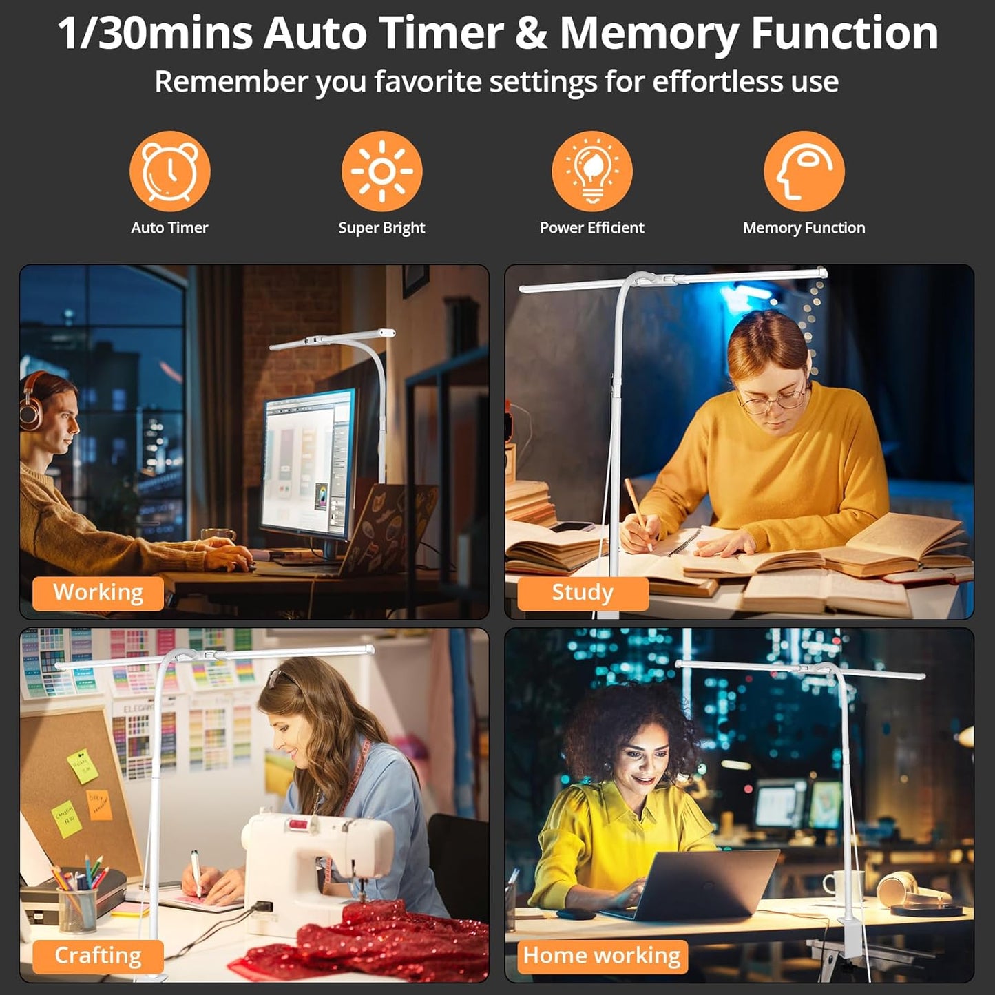 Desk Lamp with Clamp, with 5V 2A Adapter, LED Desk Lamp with Dual Head, 50 Light Modes, Computer Monitor Flexible Neck Lamp, Eye Protection Desk Lamps for Study, Office, Crafts, Draw(White)