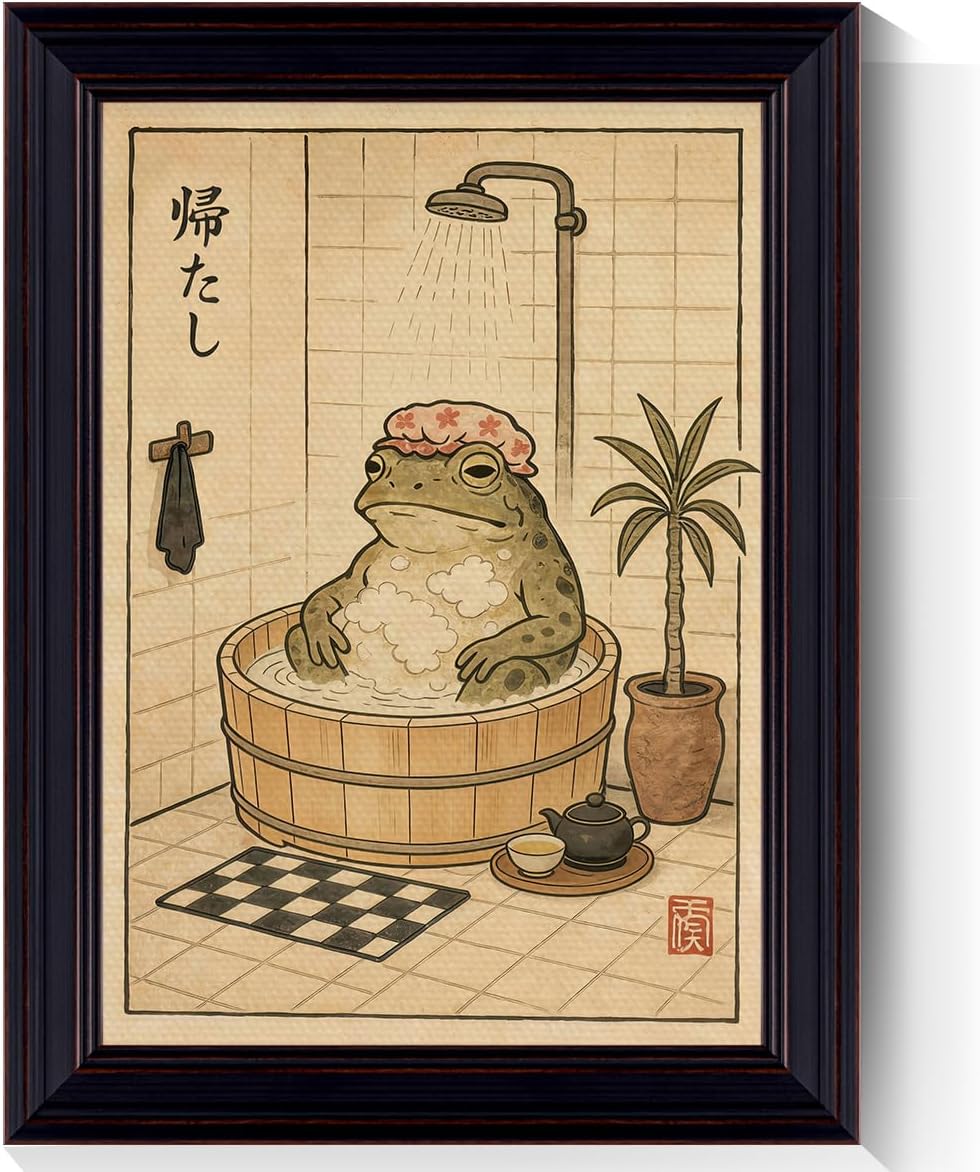 Framed Japanese Frog Bathroom Canvas Wall Art, Vintage Sage Green Shower Cap Frog Aesthetic Poster, Funny Bathroom Animal Picture Print, Asian Japandi Wall Decor for Restroom Washroom 8x10in