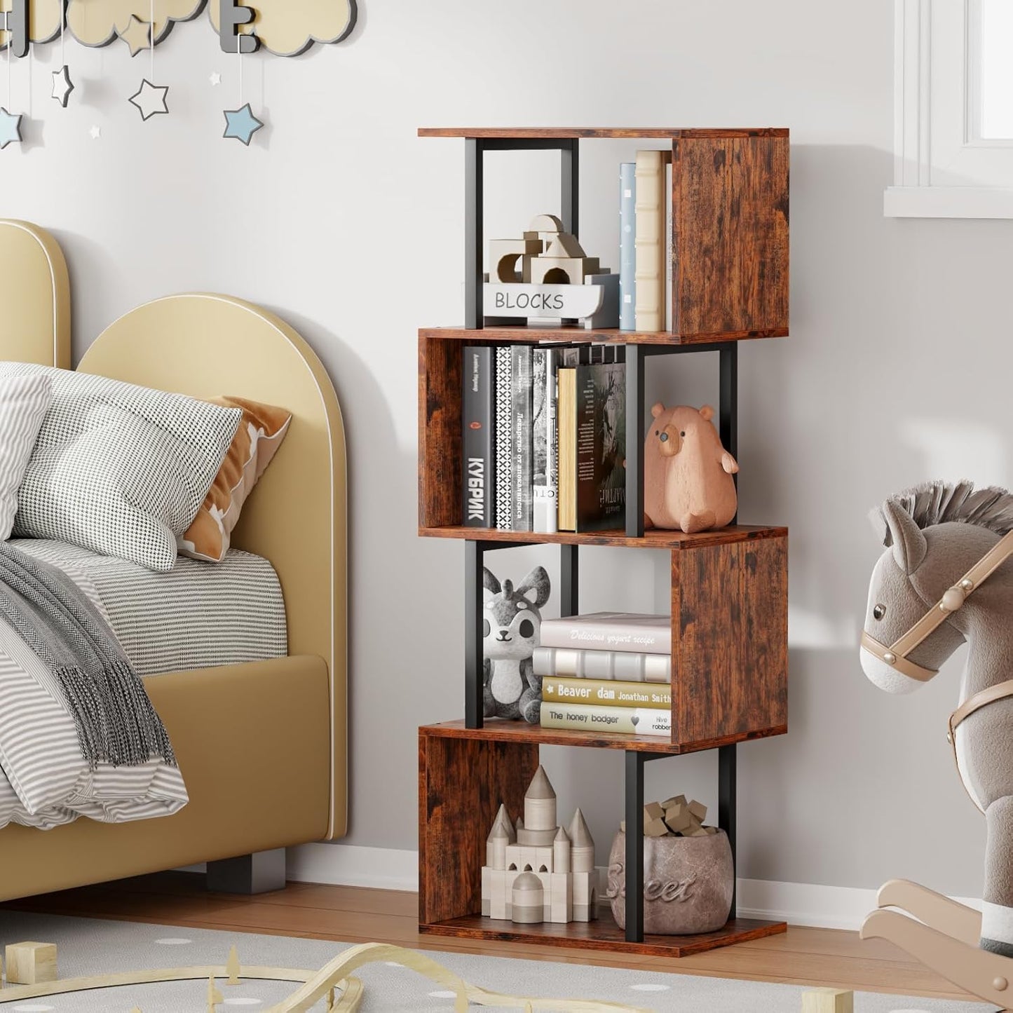 Furologee 5 Tier Bookshelf, S Shaped Geometric Bookcase, Narrow Freestanding Display Shelves, Modern Wood Decorative Storage Rack for Bedroom, Living Room, Home Office, Rustic Brown