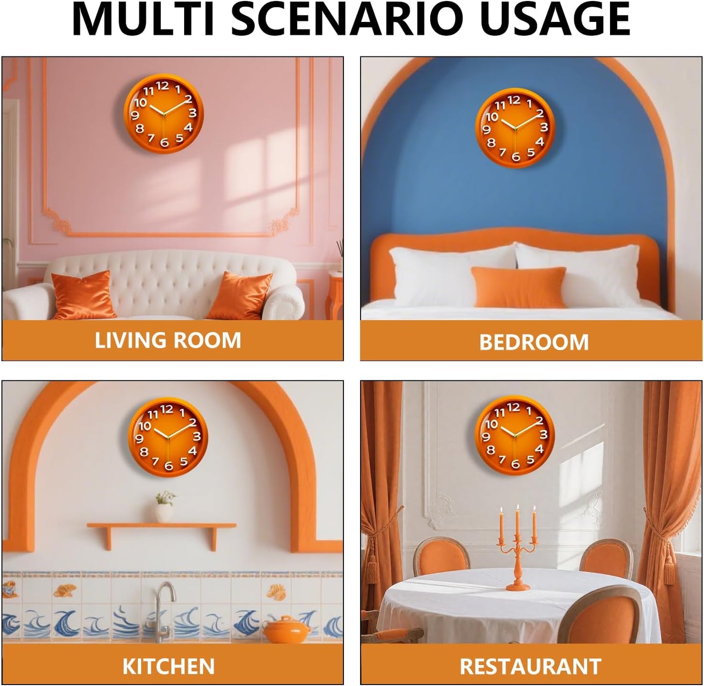 Wall Clocks Battery Operated - 11 Inch Silent Non Ticking 3D Numbers Easy Read Analog Clock with 2 Hooks Premium HD Glass Clocks for Living Room Bedroom Kitchen Gym Outdoor Decor, Orange