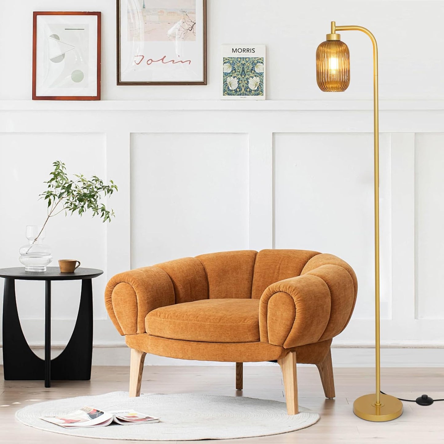 Glass Floor Lamps for Living Room, Vintage Gold Standing Lamp with LED Bulb, Amber Stripe Glass Shade, Foot Switch, Mid Century Modern Brass Tall Corner Lamp for Bedroom Office Reading Room