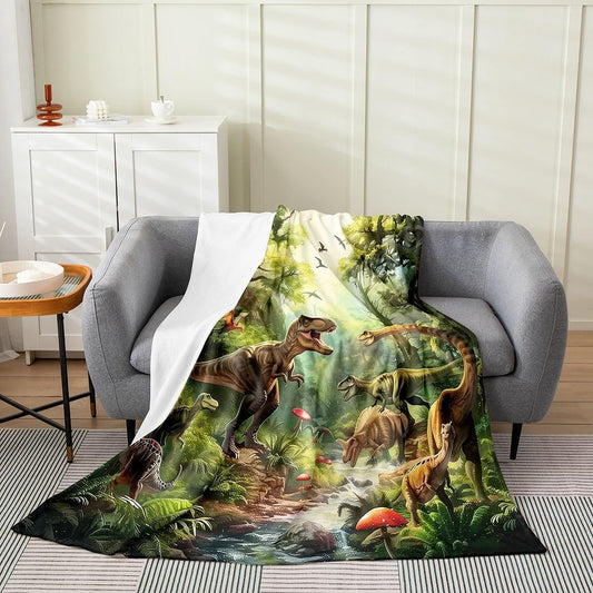Feelyou Dinosaur Jungle Fleece Throw Blanket Tropical Foliage Pattern Flannel Blanket Plush Fuzzy Dinosaur Adventure Theme for Bed Couch Chair Living Room Fantasy 40"x50" Bedroom Decor