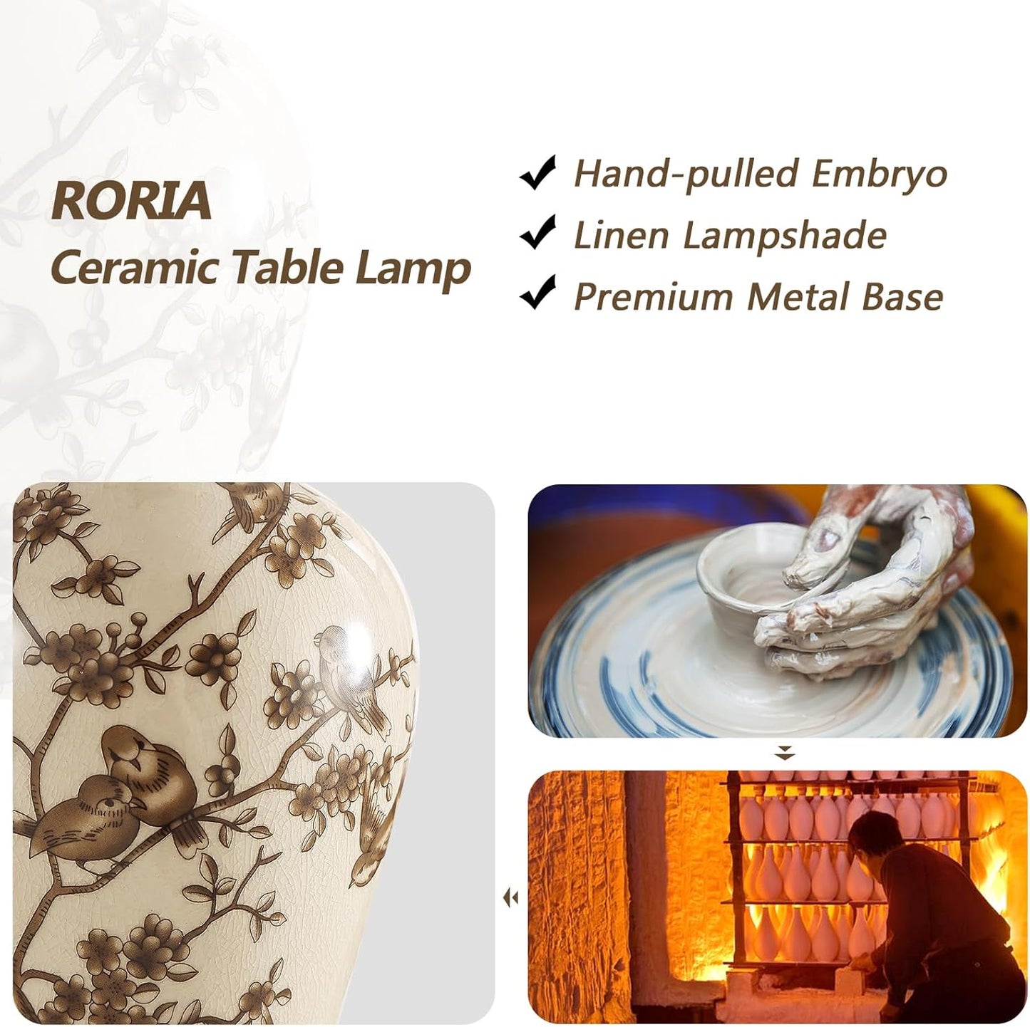 RORIA 24" Chinoiserie Ceramic Small Table Lamps Set of 2 for Living Room, Bird Pattern Branch Traditional Table Lamp for Bedroom Nightstand Entryway, 2 LED Bulbs Included