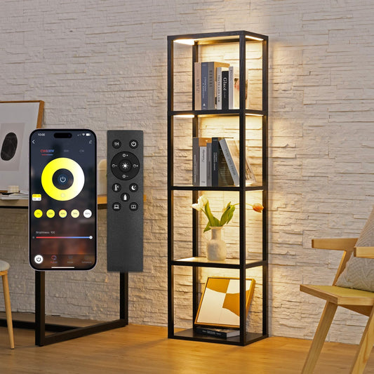 Glass Display Shelf with Remote/APP Control, Curio Cabinet for Collectibles with Light, Modern Shelf Floor Lamp with Adjustable Color Temps for Living Room, Bedroom