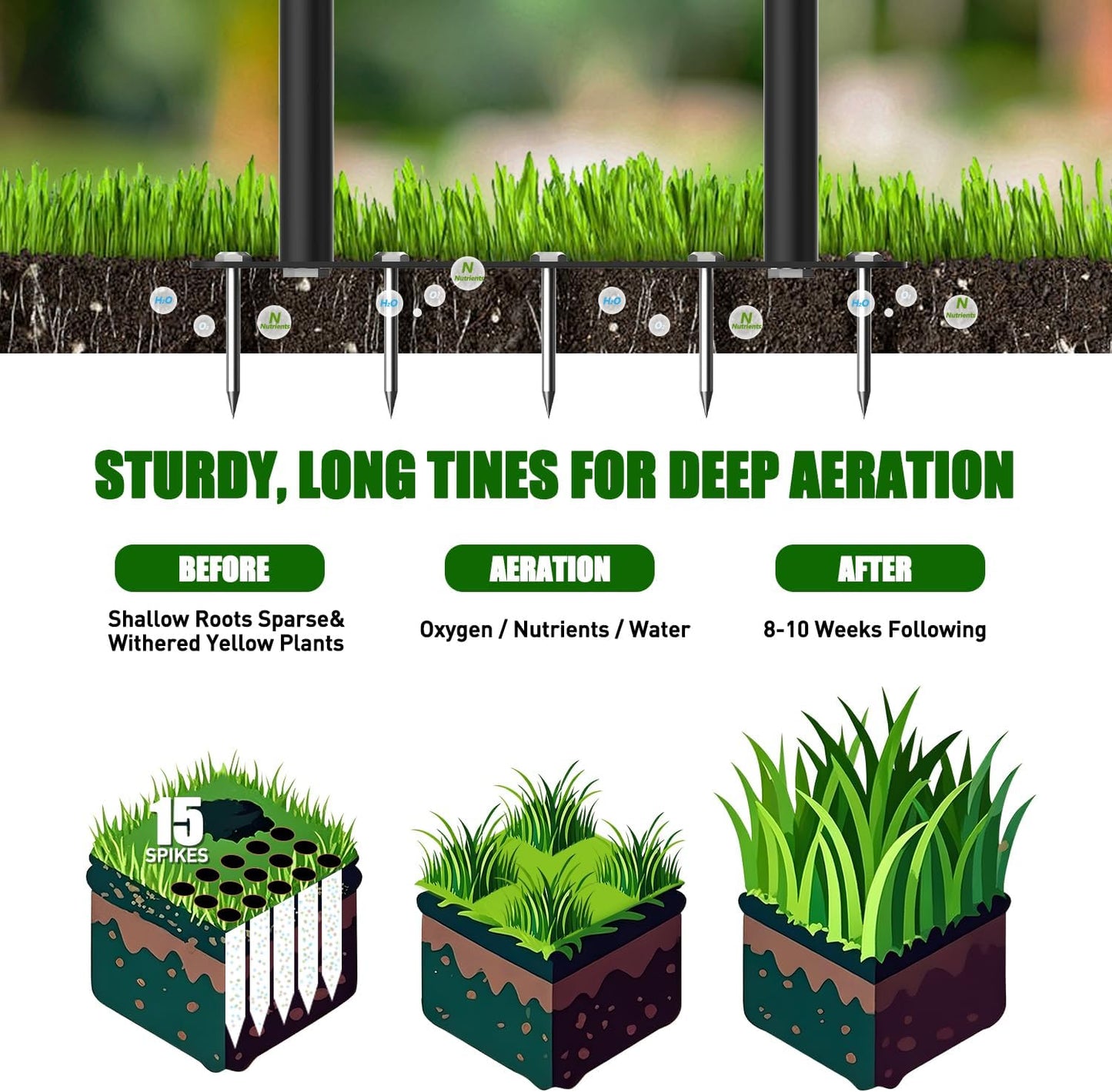 Aerator Lawn Tool Lawn Aerator -Heavy Duty Manual Grass Aerator with 15 Iron Spikes, Height Adjustable, Yard Aerator Tool for Lawn（Black）