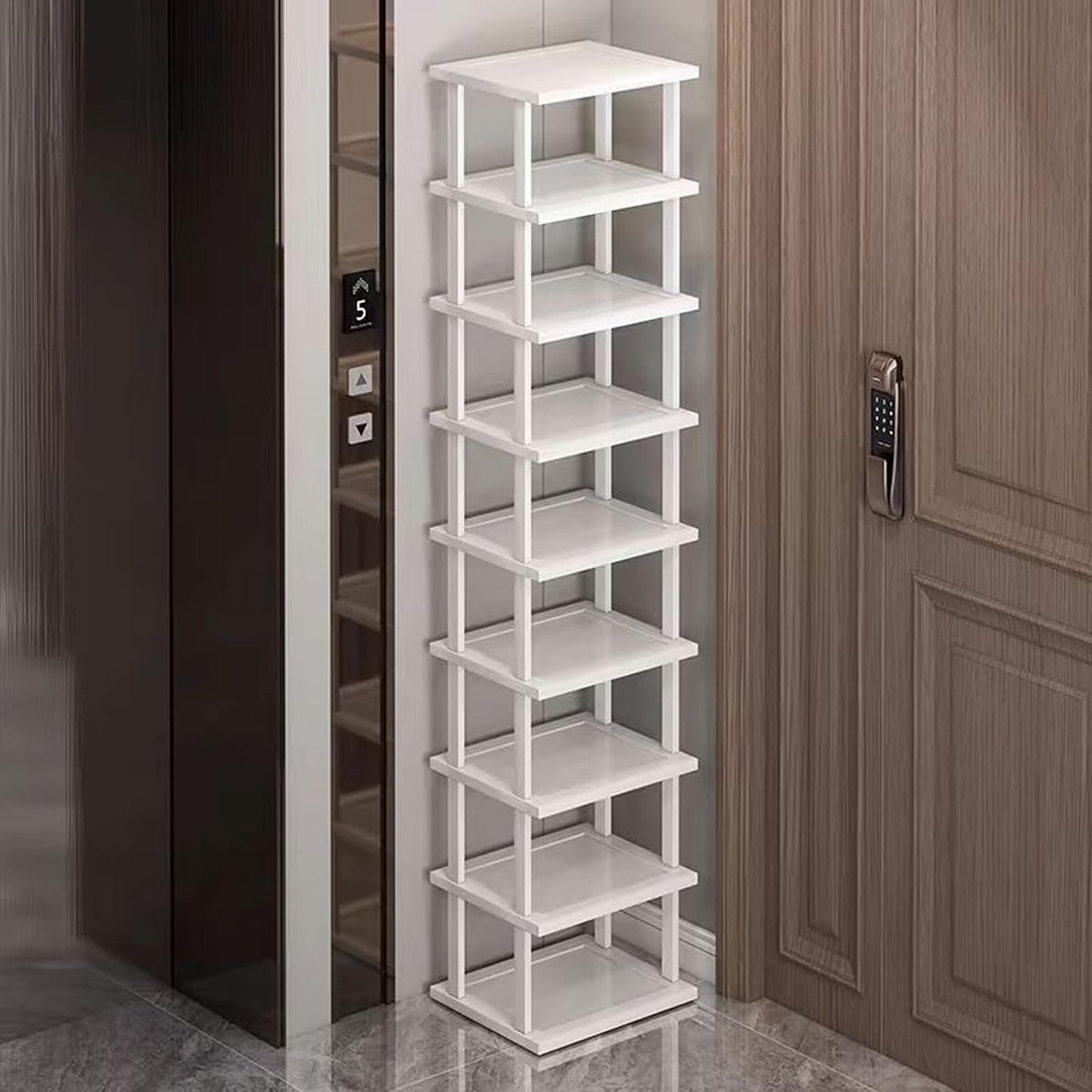 SAN HE Bamboo Shoe Rack 5Tier- Vertical White Shoe Rack for Small Spaces, Tall Narrow Shoe Rack Organizer for Closet Entryway Corner Garage and Bedroom,Skinny Shoe Shelf with Free Stackable DIY