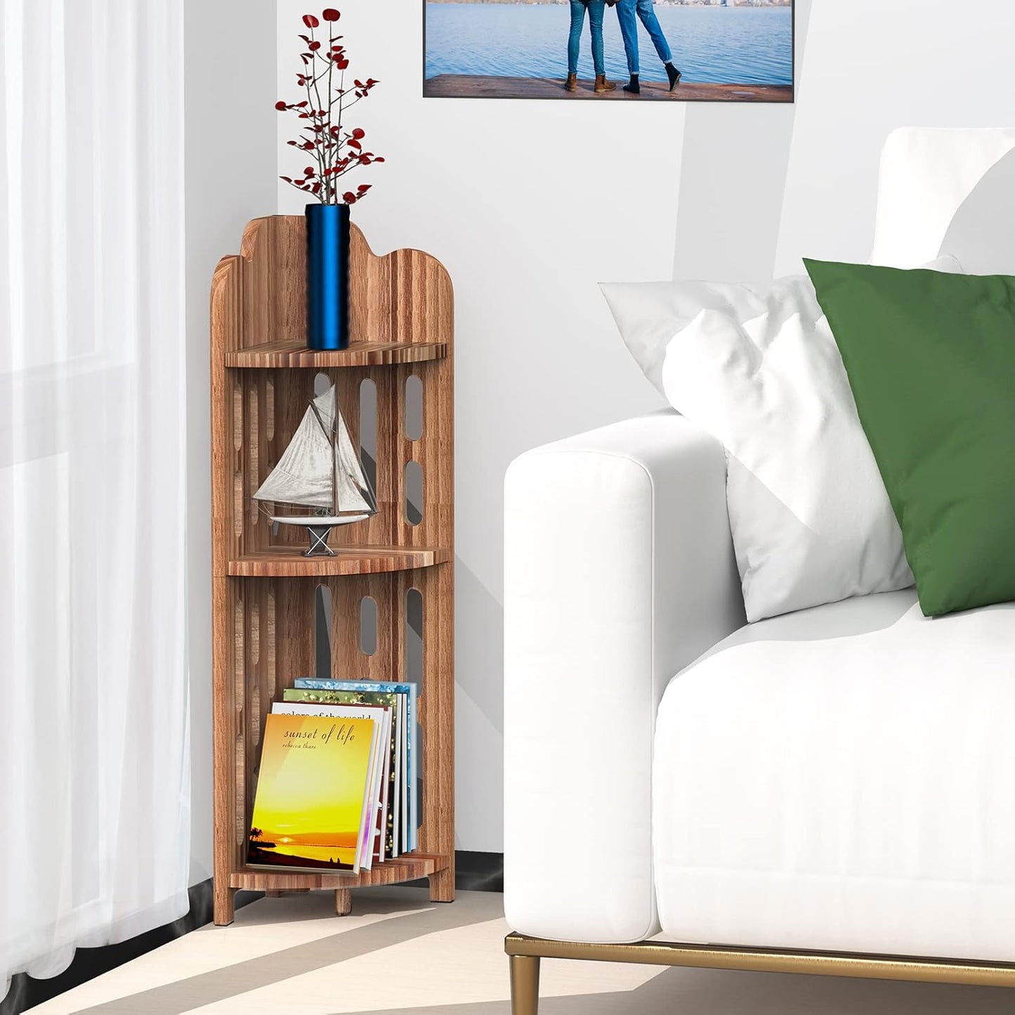 Meangood Bathroom Corner Shelf Stand, 3 Tier Pine Wood Display Shelf for Narrow Space, Shower Corner Shelf, Plant Stand Nightstand, for Living Room, Bedroom, Home Office, Elegant