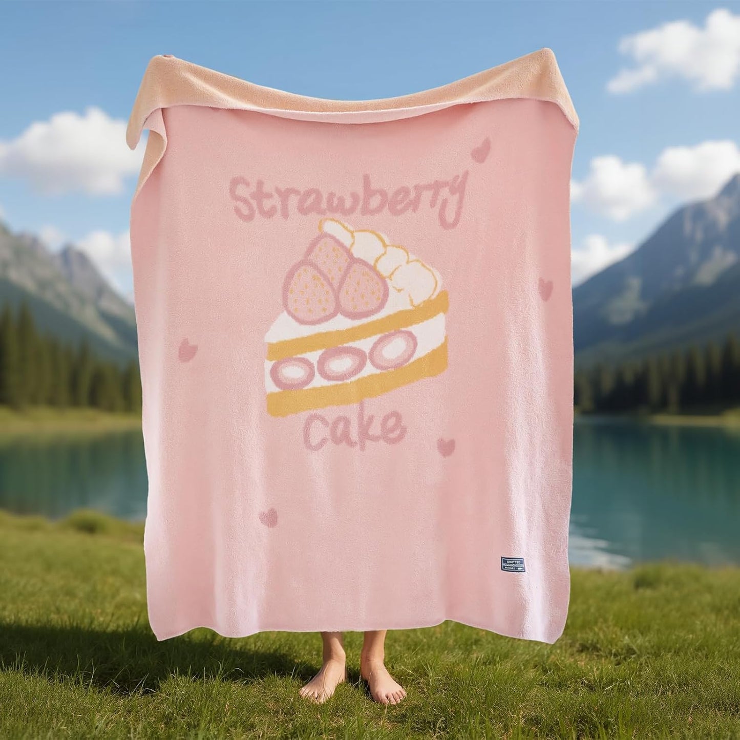 YIRUIO Strawberry Cake Plush Blanket & Pillowcase Set,Ultra Soft Cozy Warm Thick Fuzzy Fluffy 50x60 Throw Pink with 18x18 Pillow Cover for Bed Sofa Couch Home Decor Gift