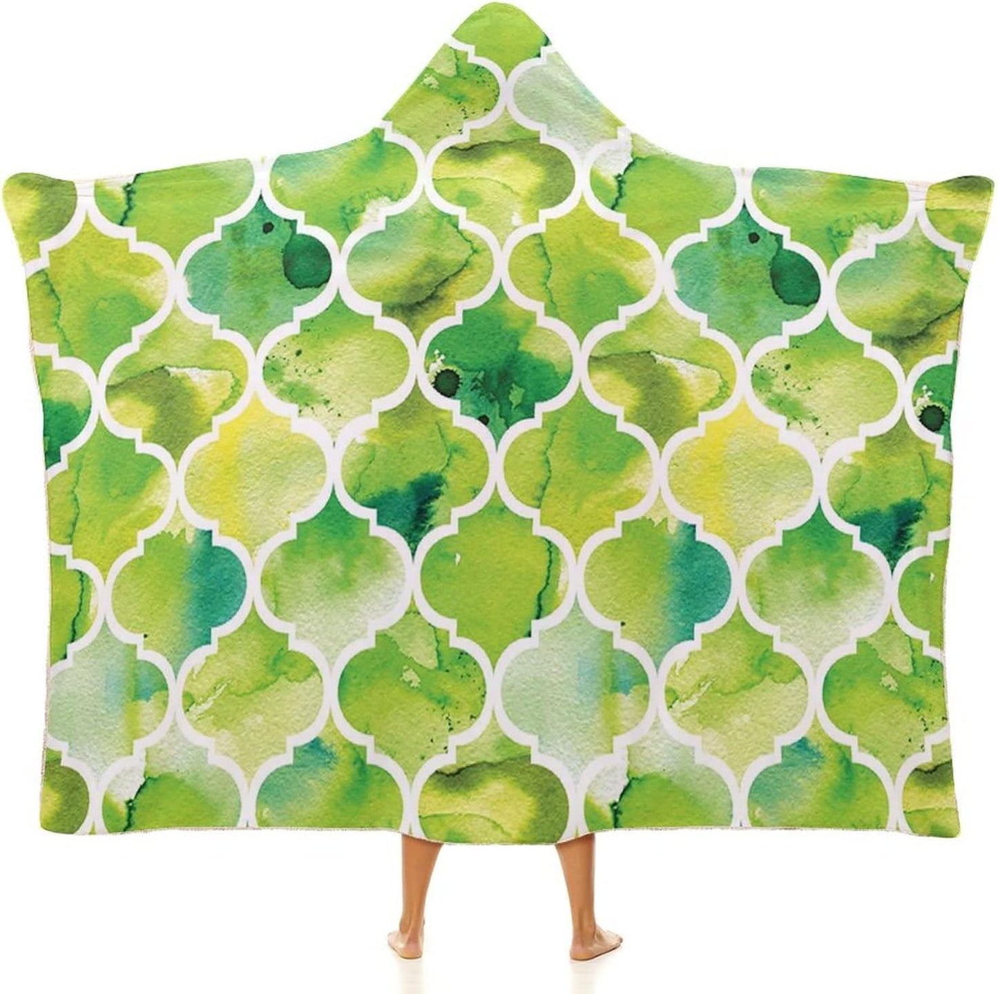 Throw Blankets, Watercolor Women Men Hooded Blanket, Moroccan Trellis Pattern in Green Tones Watercolor, Soft Warm Cozy, 60 x 80inches, Studying Reading Snuggling Napping Office