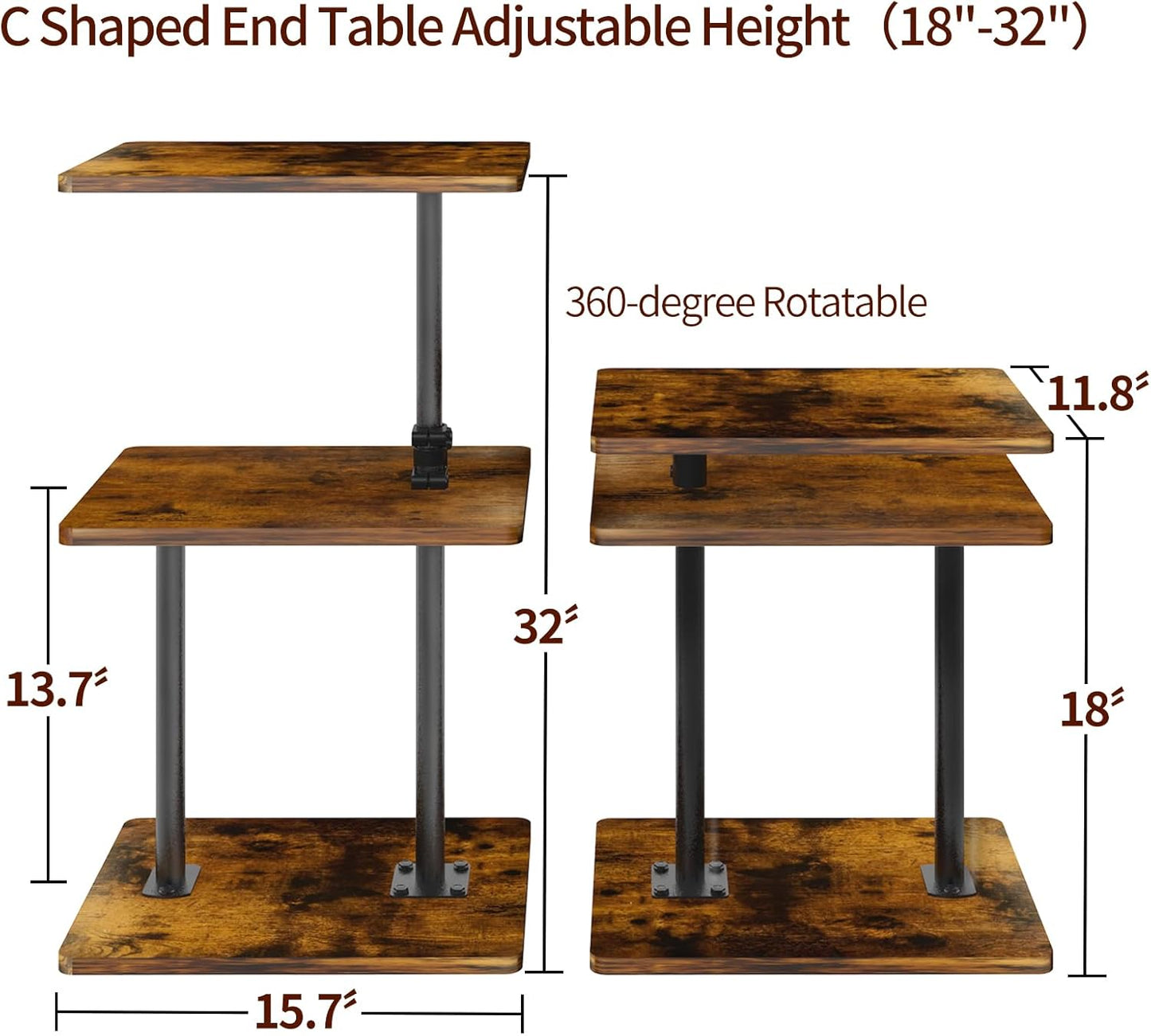 Swivel Side Table for Couch, 3 Tier Small End Table Adjustable Height with Rotatable Tray, Space Saving Nightstand with Storage Shelf for Living Room, Bedroom, Small Spaces