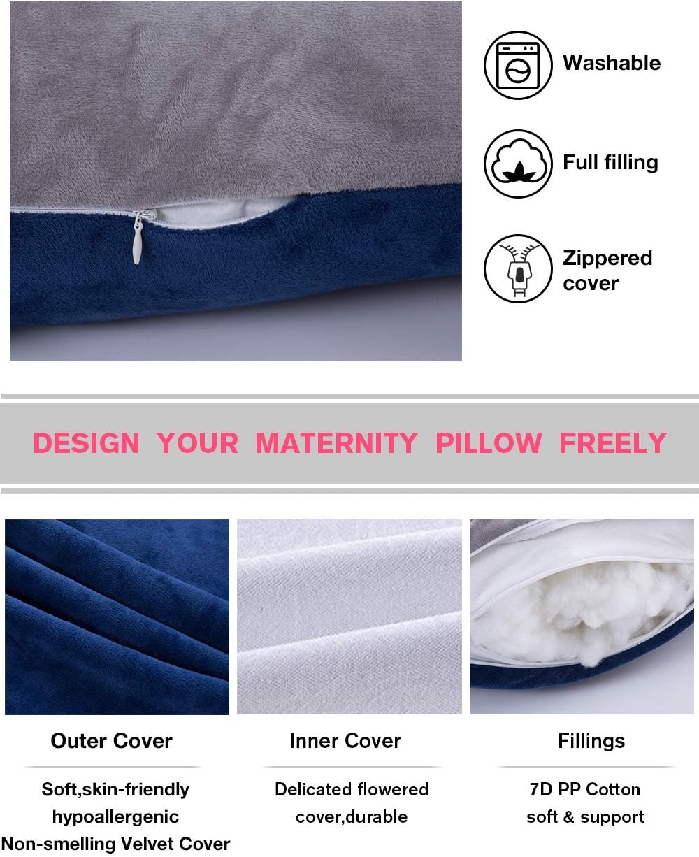60in Full Body Pillow | Nursing, Maternity and Pregnancy Body Pillow | Awesling Extra Large U Shape Pillow and Lounger with Detachable Side, Separate Support Pillow and Removable Cover (Grey Blue)