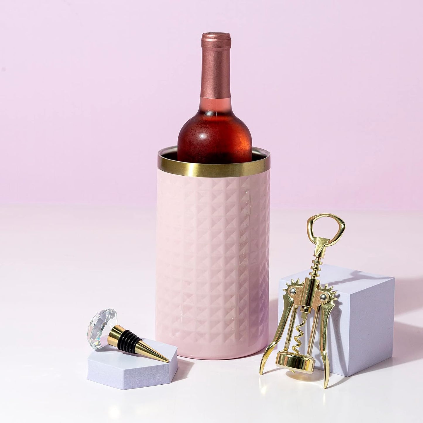 Paris Hilton Wine Bottle Chiller Set, Insulated Double Wall Chiller, Gold Winged Corkscrew Wine Bottle Opener, Diamond Wine Stopper, 3-Piece Set, Pink
