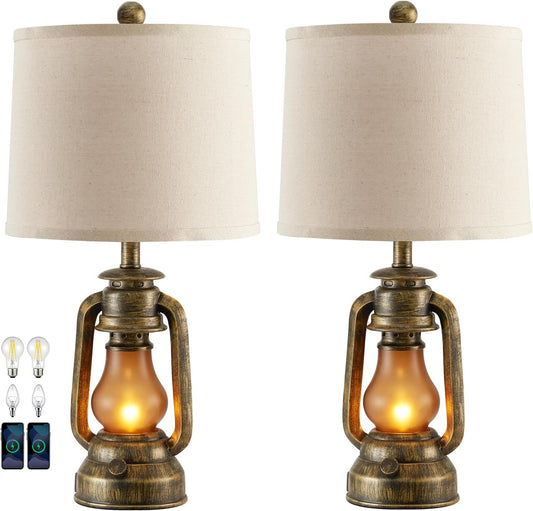 RORIANO Set of 2 Farmhouse Lantern Table Lamps for Living Room with 2 USB Charging Ports, Rustic Vintage Nightstand Lamps with Nightlight for Bedroom End Table Entryway, 4 Bulb Included