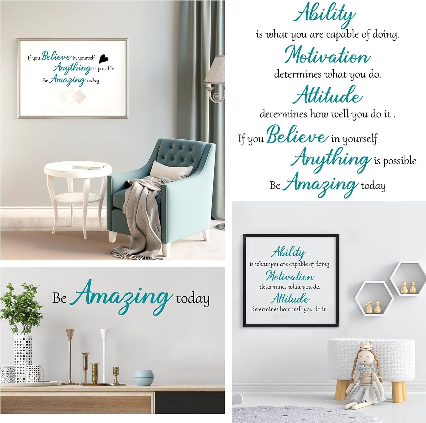 3 Sheets Vinyl Wall Quotes Stickers,Inspirational Saying Wall Decals Ability Motivation Attitude Quotes Stickers for Home Office School Classroom Teen Dorm Room