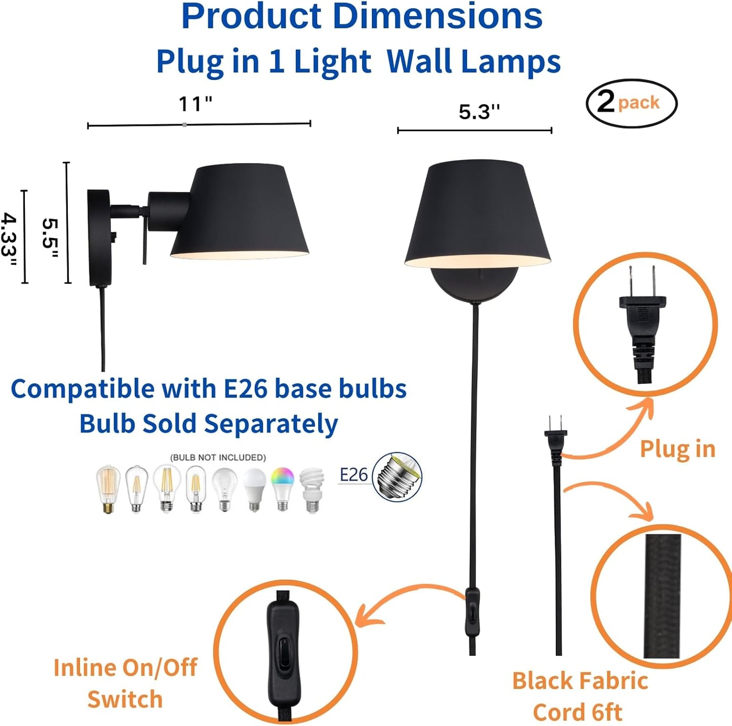 1 Light Plug in Wall Sconces Black Fabric Cord Inline On/Off Switch,Set of 2 Modern Wall Lamp Adjustable Metal Shade,Vintage E26 Reading Light for Bedroom Bedside Living Room Hallway