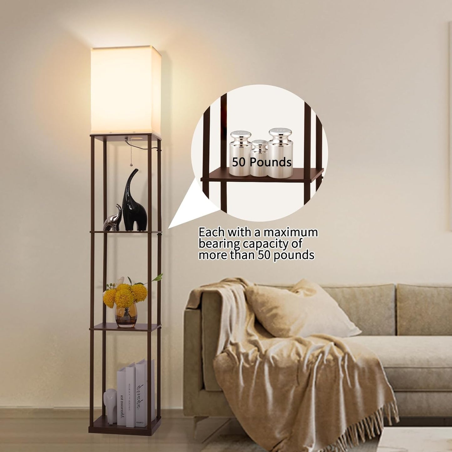 Floor Lamp with Shelves, with Modern Square Standing Lamp with Smart APP Control RGB Bulb, Corner Display Bookshelf Lamp for Living Room, Bedroom and Office(brown-9RGB)