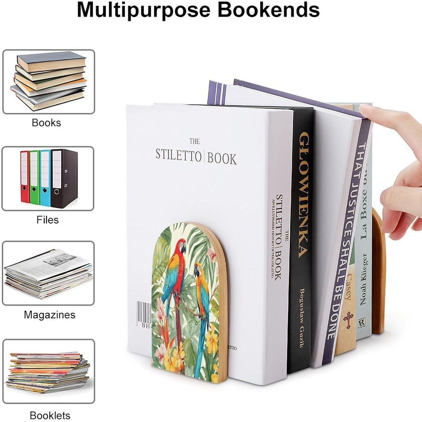 Tropical Plants and Parrots Bookends 1 Pair Heavy Duty Book Ends for Shelves Non-Skid Bookend Supports Wooden Book Holders with Metal Base Desk Organizers Books Storage to Hold Books