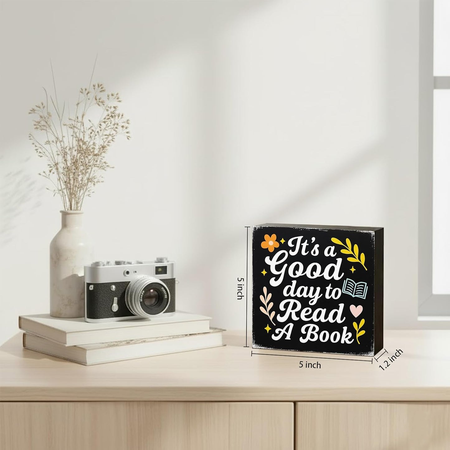 It's A Good Day to Read A Book Wood Box Sign, Floral Trendy Reading Wall Decor Gifts for Women Kids Book Lovers School Library Reading Nook Corner Home Dorm, 5x5 Inch(Black)