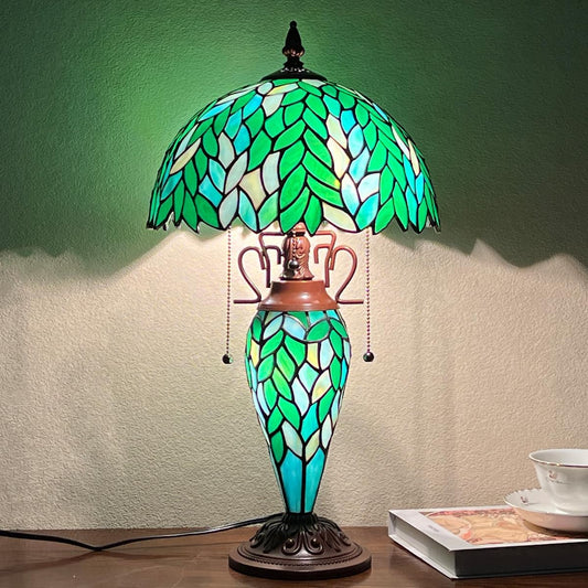 Tiffany Table lamp with nightlight, Green Wisteria Stained Glass Desk Light - Antique 3-Lights Medium Nightstand Bedside Reading Light for Living Room Bedroom Office