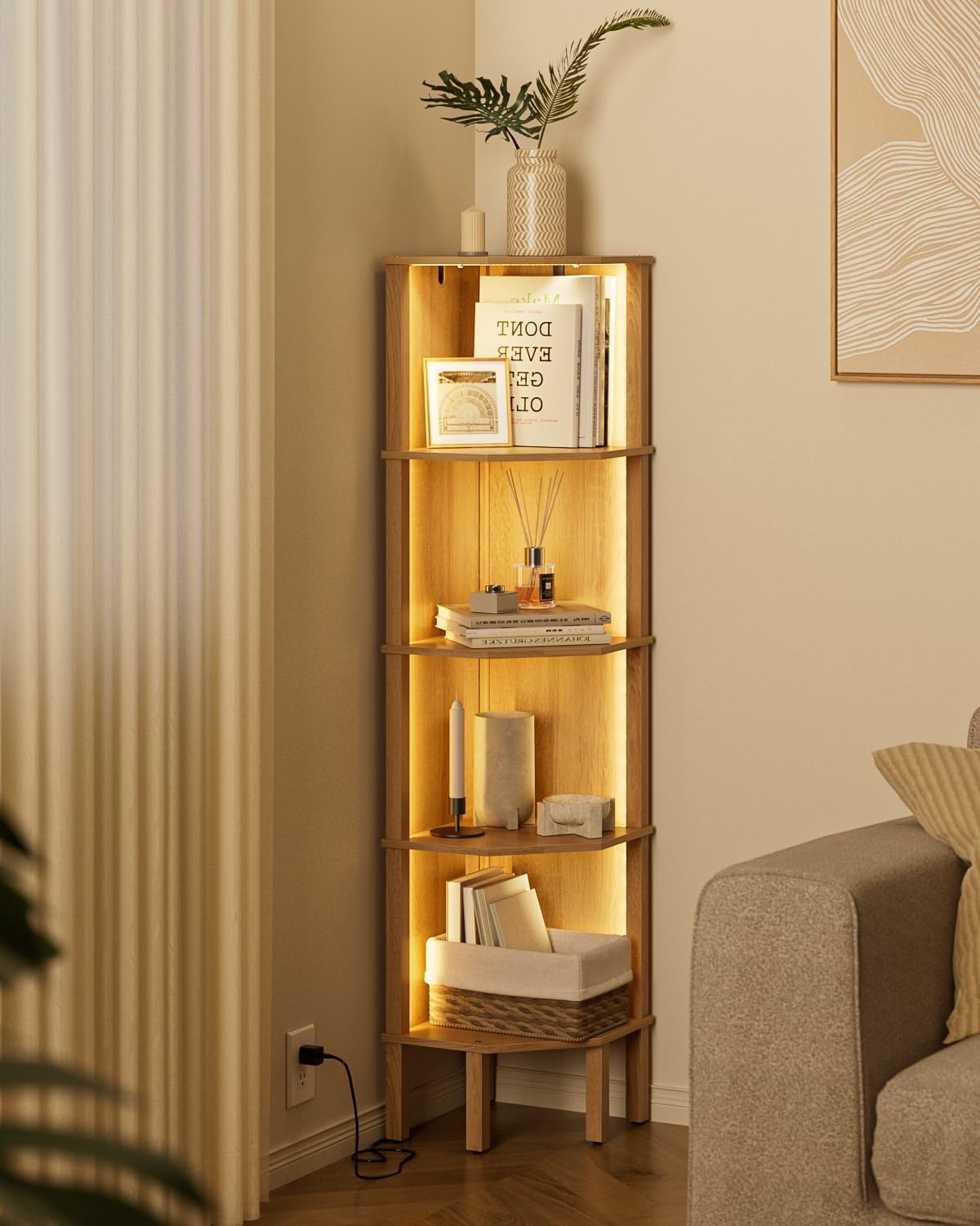 Corner Shelf Stand, 5 Tier Corner Bookshelf with Light,Corner Furniture for Bedroom Display Corner Shelf for Small Space,Wood Shelves with Storage Rack for Living Room,Office,Oak