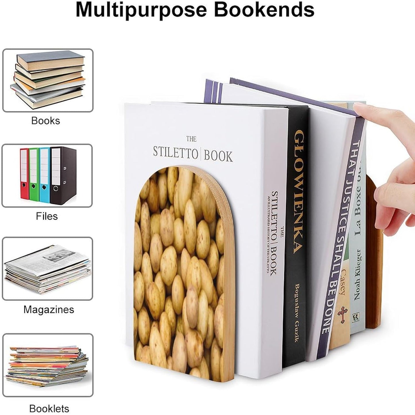 Garden Potatoes Wooden Bookend Non-Slip Book Ends Heavy Duty Book Stopper with Metal Base Books Holderd Decorative Bookends Stands Firmly for Office Supplies