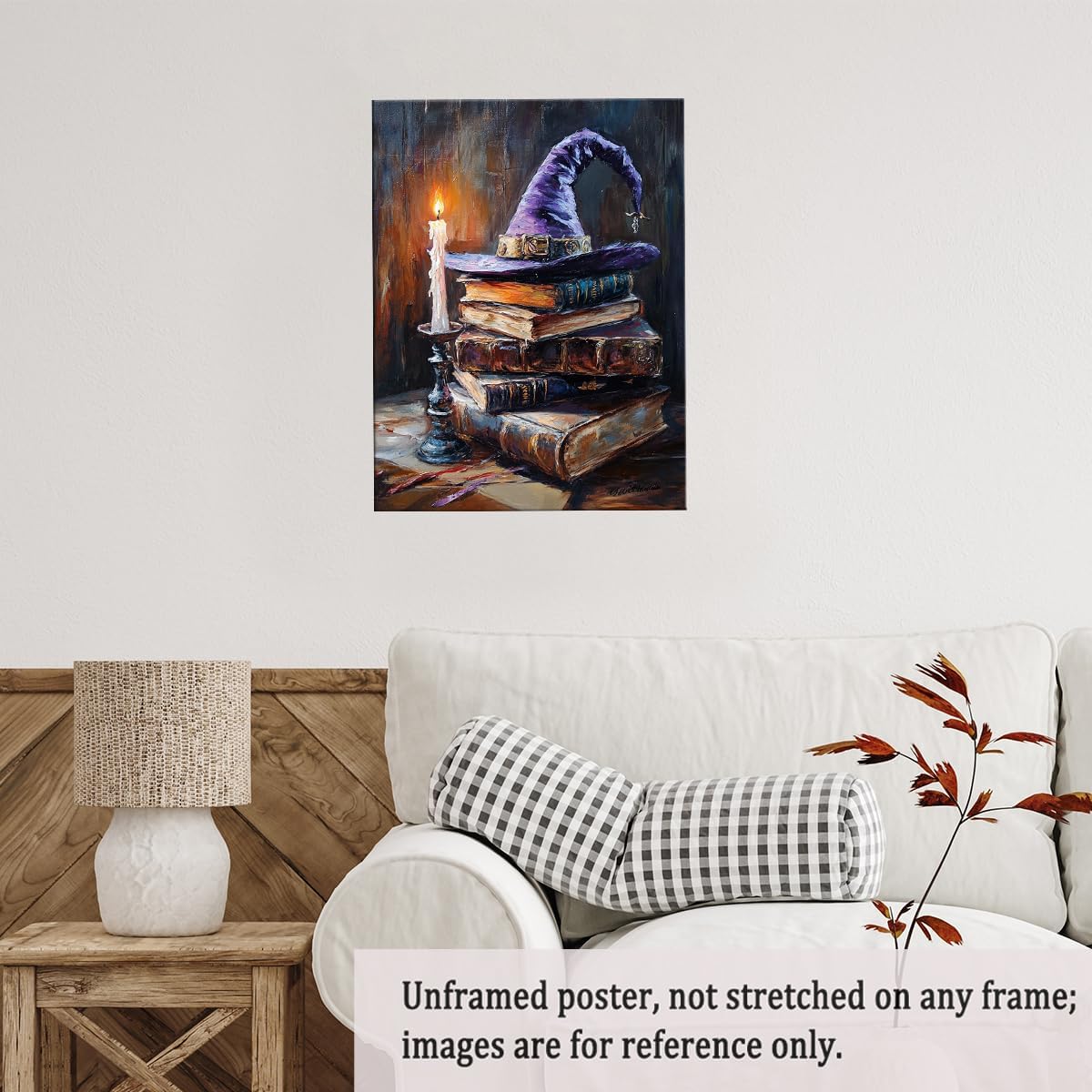 Witch Hat and Antique Books Wall Art Print – Magical Candlelight Painting for Witchcore Academia or Halloween Library Decor Vintage Fantasy Aesthetic 12x16in Unframed