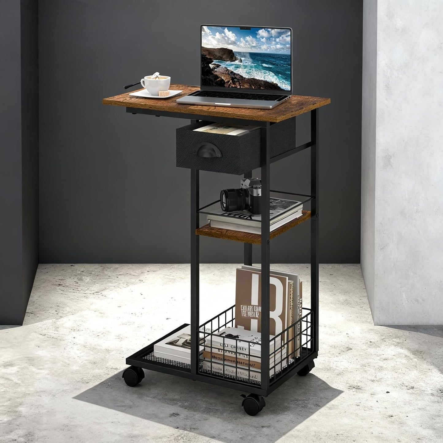 3-Tier C-Shaped End Table with Drawer — 360° Rotation, Wheels, Space-Saving TV Tray for Living Room / Bedroom