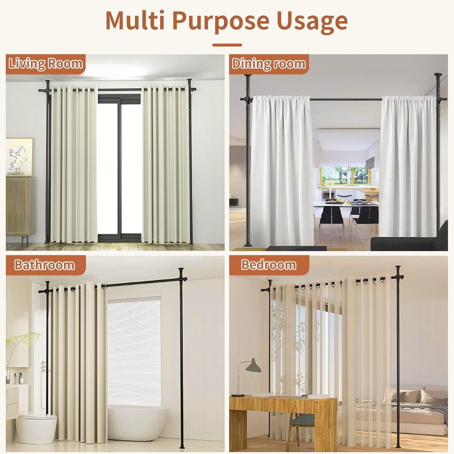 Room Divider Curtain Rod, No Drilling Adjustable Space Partition, Heavy Duty Floor to Ceiling Tension Rod, 4-10ft(H) 28-70inch(W), Temporary Wall Divider for Privacy, Black