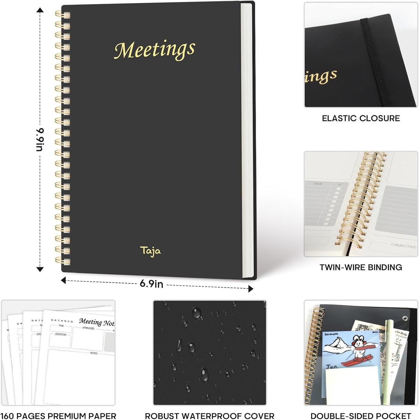 Meeting Notebook for Work Organization - Work Planner Notebook with Action Items, Agenda Planner for Note Taking, 160 Pages (6.9" X 9.9") Project Organizer for Men & Women - Black 1