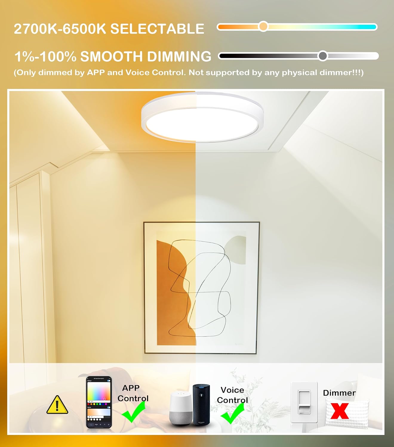CLOUDY BAY 8 Inch LED Smart Ceiling Light,Flush Mount Ceiling Fixture,15W 2700-6500K CCT,2W RGB,Compatible with Alexa and Google Home Assistant,White Finish