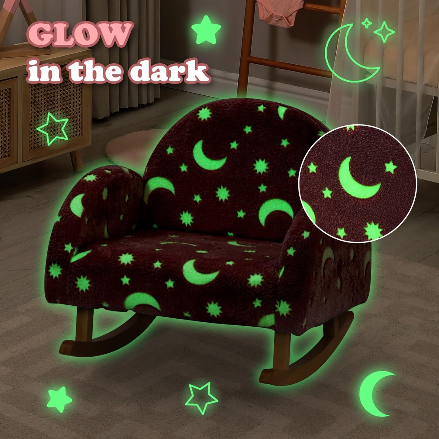 INFANS Kids Sofa with Glow in The Dark, Toddler Rocking Chair with Solid Wooden Frame Anti-Tipping, Upholstered Comfy Foam Children Chair for Kindergarten Playroom Preschool, Gift for Boys Girls