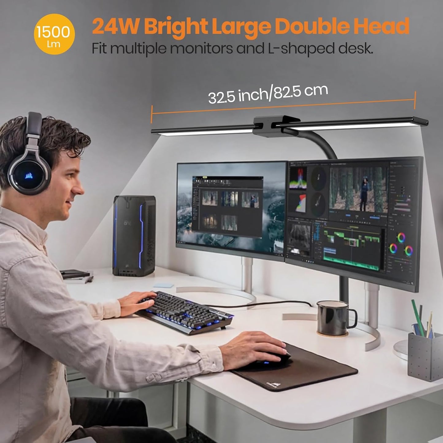 LASTAR Desk Lamp with Remote Control ＆ 32.5" Wide Double Head, Architect Desk Lamp for Home Office with Clamp, Timer, 24W Ultra Bright LED Desk lamp for Computer Reading