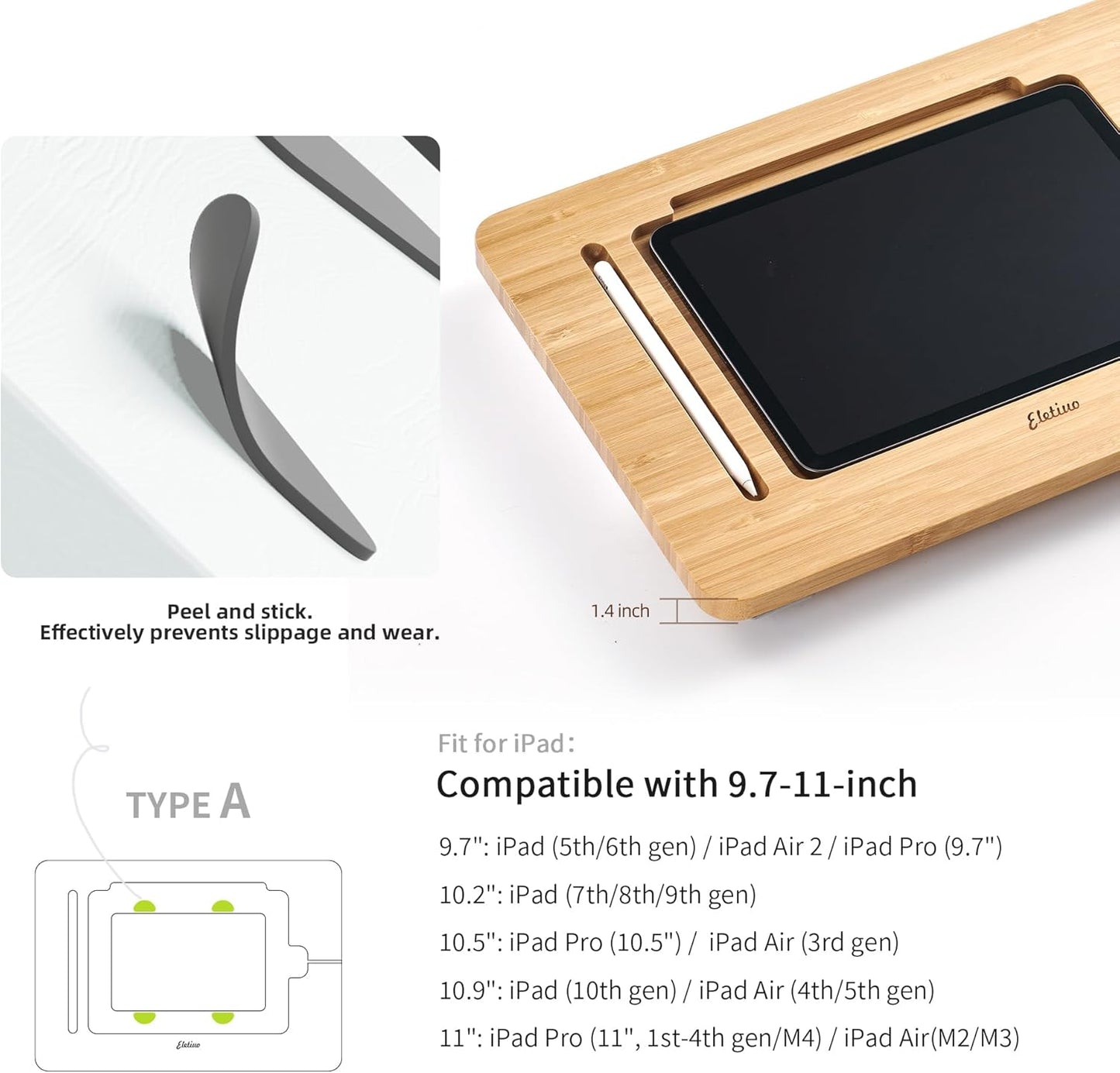 ELETIUO Adjustable Tablet Stand with Pencil&Charger Cable Slot,Bamboo Wooden Stand with Multiple Angles,Organizer Desktop Holder for Drawing,Compatible with ipads(Support to 9.7-11" Devices)