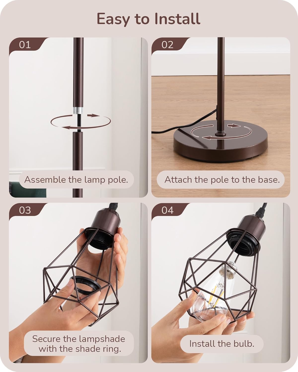 EDISHINE 70IN Industrial Floor Lamps for Living Room, Dimmable Farmhouse Corner Reading Lamp, Diamond-Shaped Lampshade, 3 LED Edison Bulbs Included, Rustic Tree Standing Lamp for Bedroom, Brown