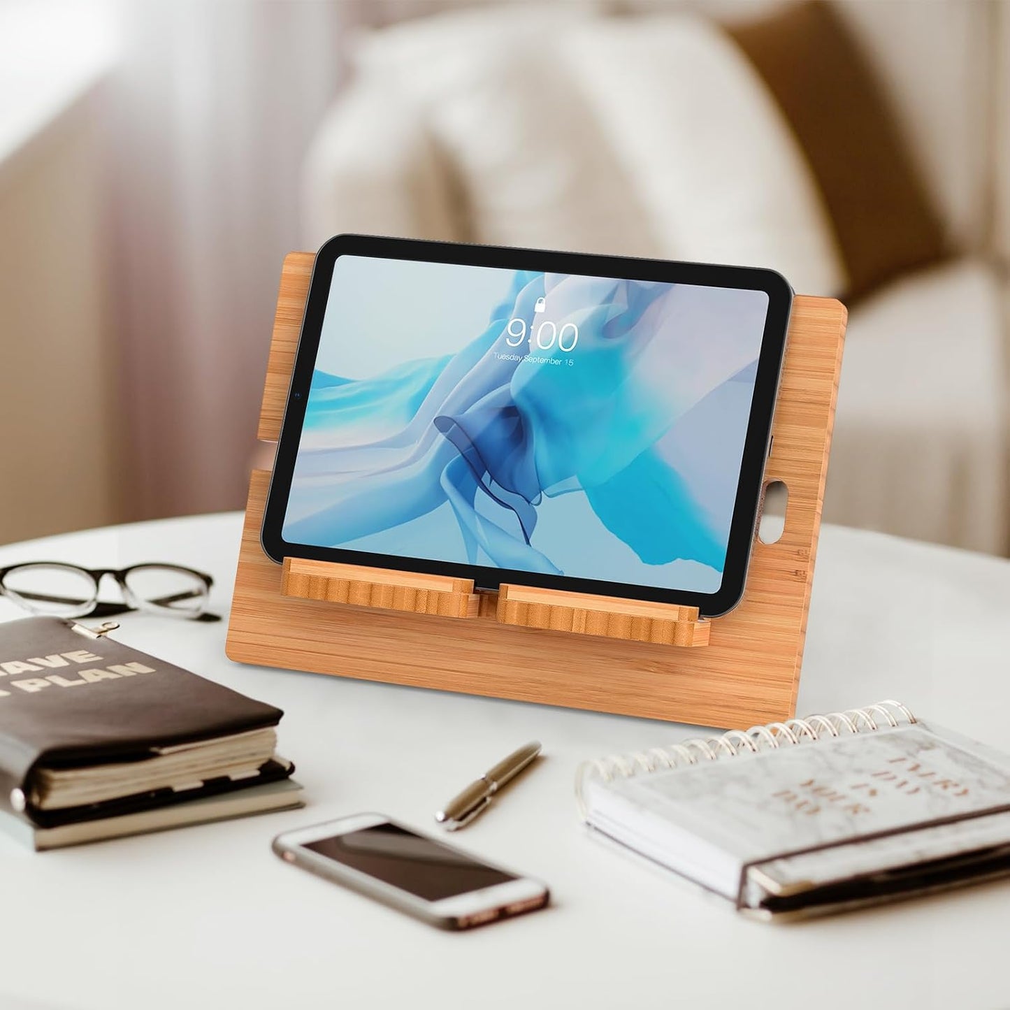 Pezin & Hulin Bamboo Tablet Stand Adjustable, Desktop Cell Phone Stand Holder Dock Compatible with Pad 9.7, 10.5, 12.9, Air 2 3 4 Mini, E-Reader, Phone 8 Plus X XS Max XR (Support to 4.7-13" Devices)