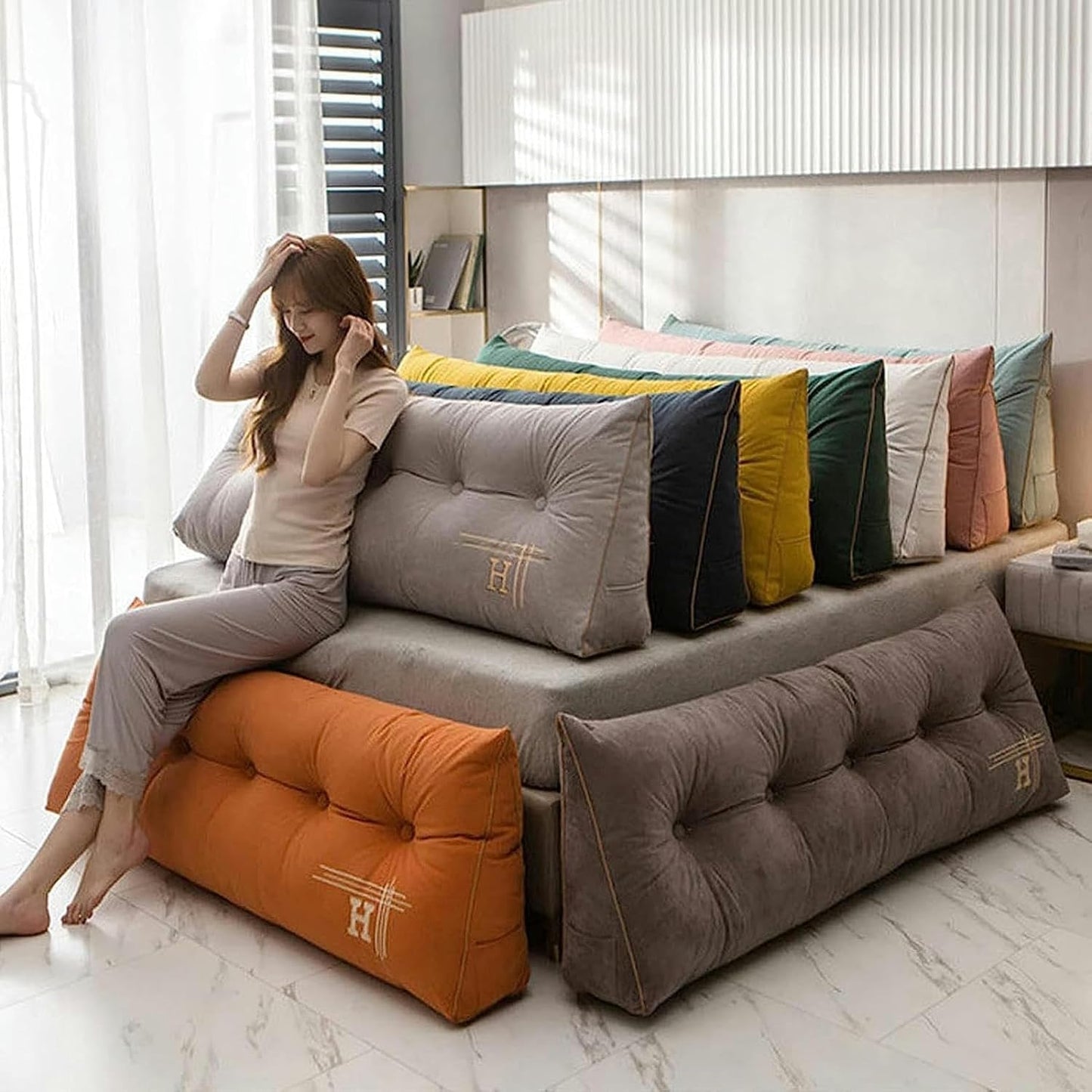 Backrest Cushion Triangular Headboard Pillow, Bedside Cushion Bed Sofa Long Reading Pillow, Sofa Bed Back Positioning Support Cushion with Removable Cover, Soft and Comfortable