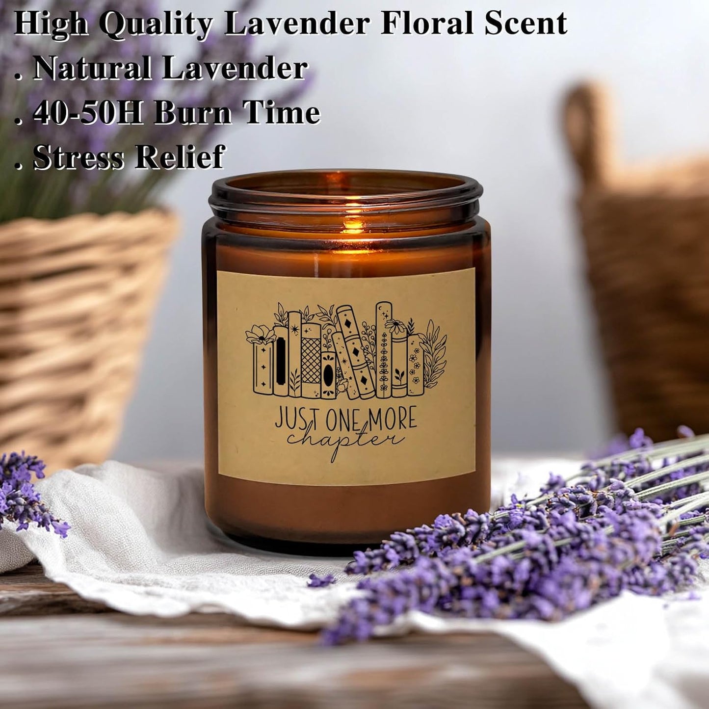 Book Lover Gift 7oz Lavender Scented Candle for Readers Bookworm Writers Bookish Jar Candle Just One More Chapter Librarian Gifts (Candle-More Chapter)
