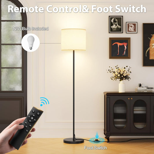 Keepsmile Dimmable Floor Lamps for LivingRoom with 12W LED Bulb, Foot Switch, Remote Custom Color Temperature Floor Light, Linen Shade Standing Lamps, Modern Tall Lamp for Office Bedroom Kid Room