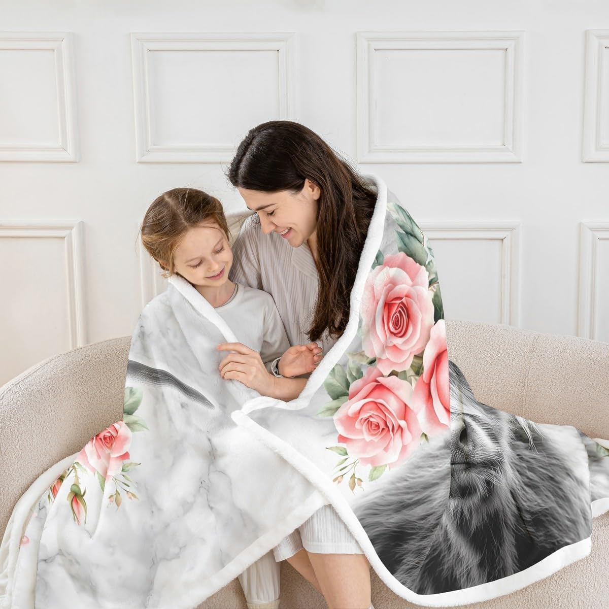 Erosebridal Highland Cow Flower Flannel Blanket Bull Cattle Sherpa Blanket Western Cowboy Funny Animal Throw Blanket Wildlife Farmhouse Cow Bed Blanket Rose Grey Marble Plush Blanket Throw 50"x60"