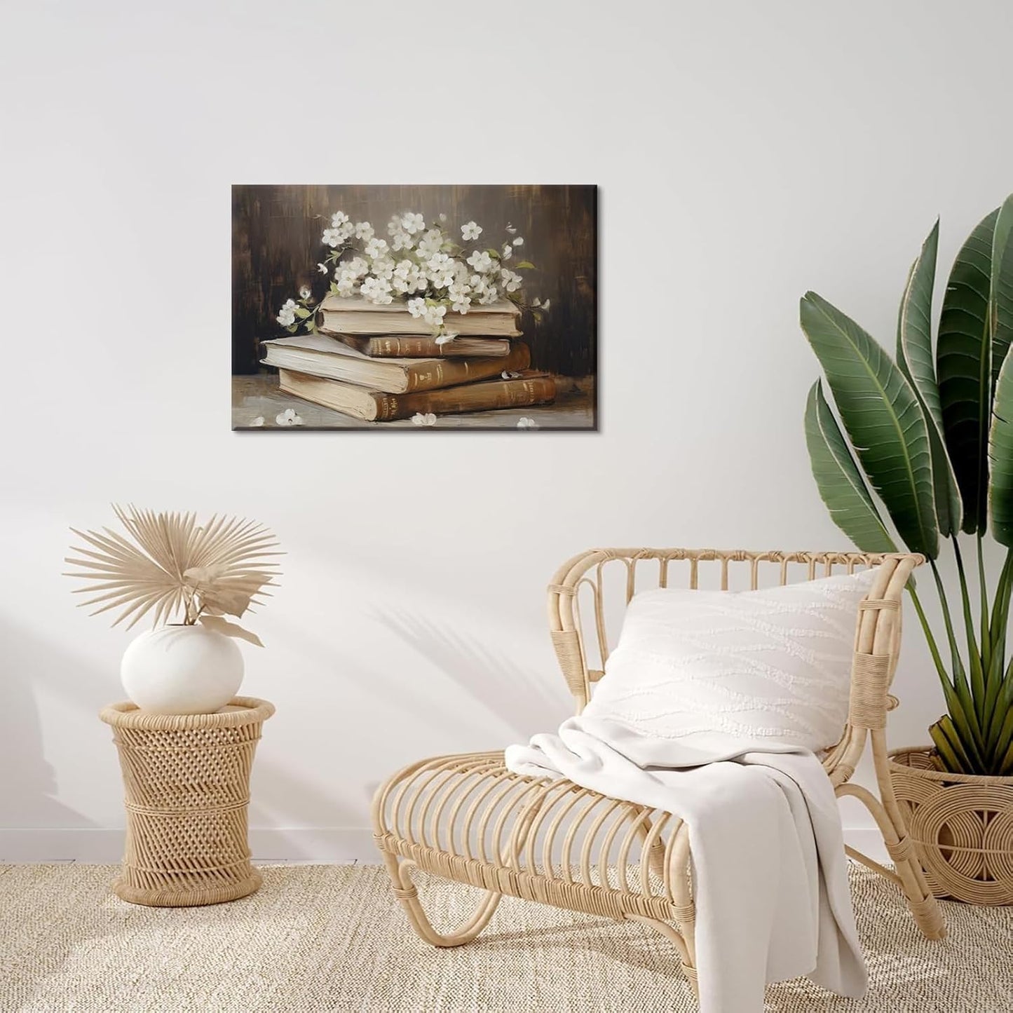 Vintage Flower Books Wall Art Rustic Antique Floral Still Life Painting Prints Light Academia Aesthetic Gallery Posters Pictures Spring Minimalist Botanical Moody Library Canvas Wall Decor Framed