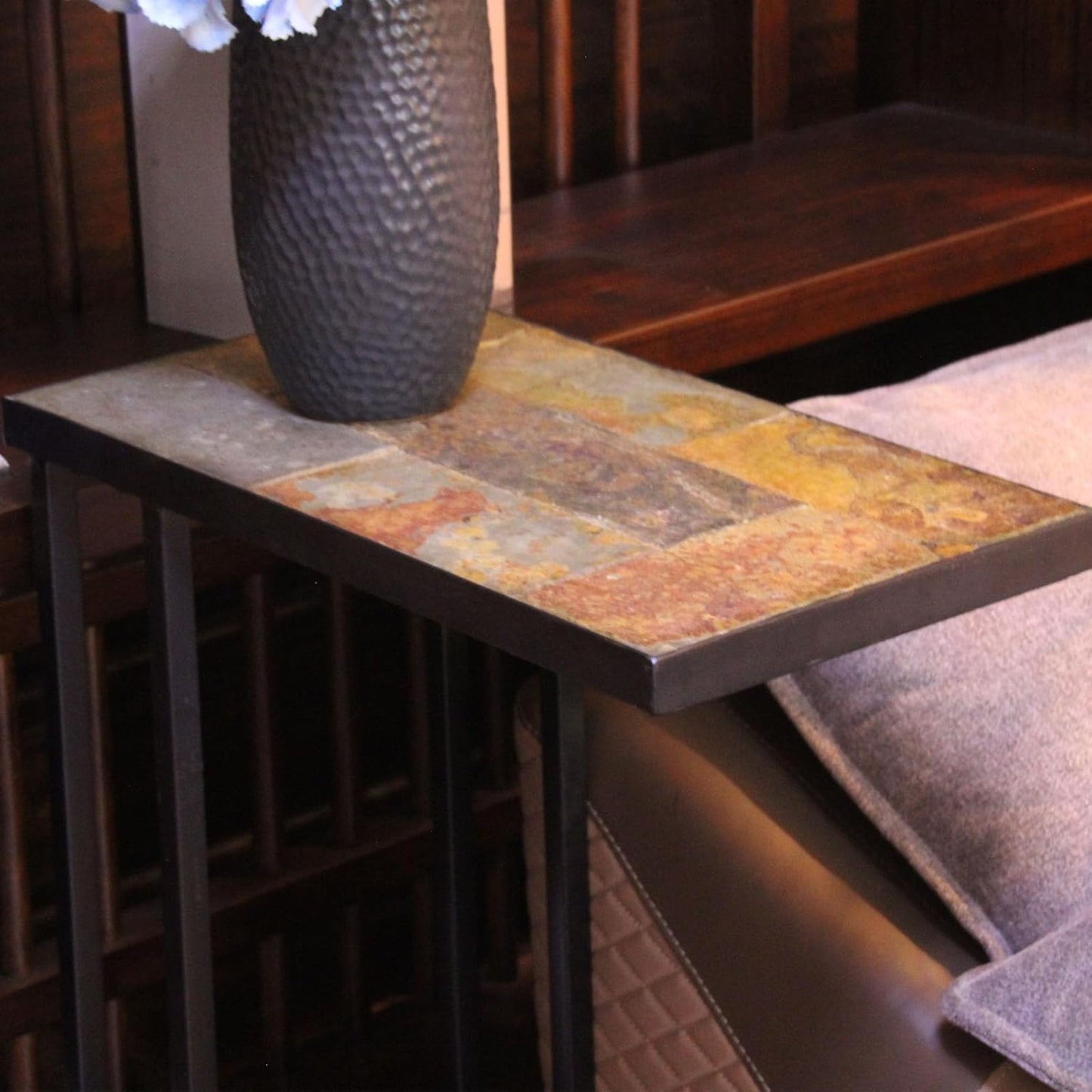 Zhongma Couch Tray Table,C-Shap End Table with Slate Table Top, Solid Real Stone, Side Table,Accent Table for Small Spaces