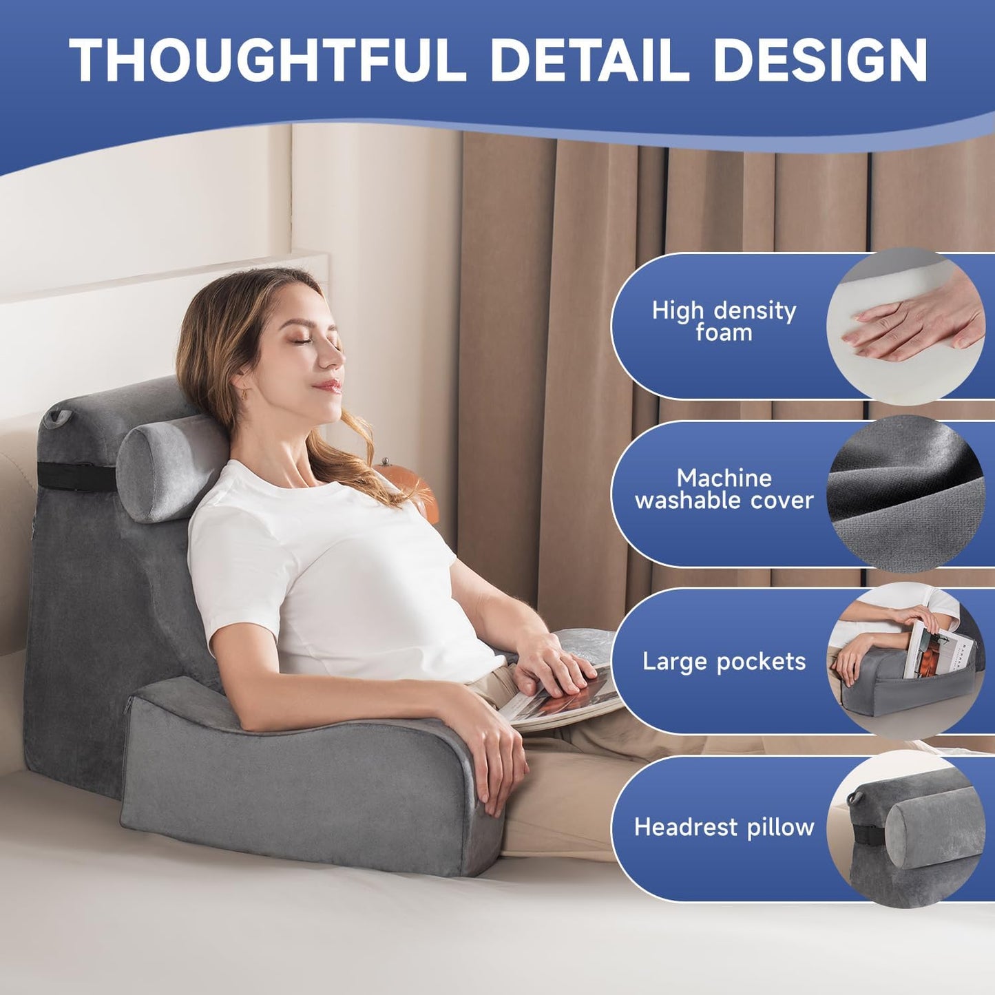 SofGlowly Reading Pillow for Sitting in Bed Adult, Back Support Pillow for Bed Sitting up with Arm Rest,Bed Rest Pillows for Watching TV/Reading/Gaming/Resting in Beds, Couch or Floor, Medium 19" Gray