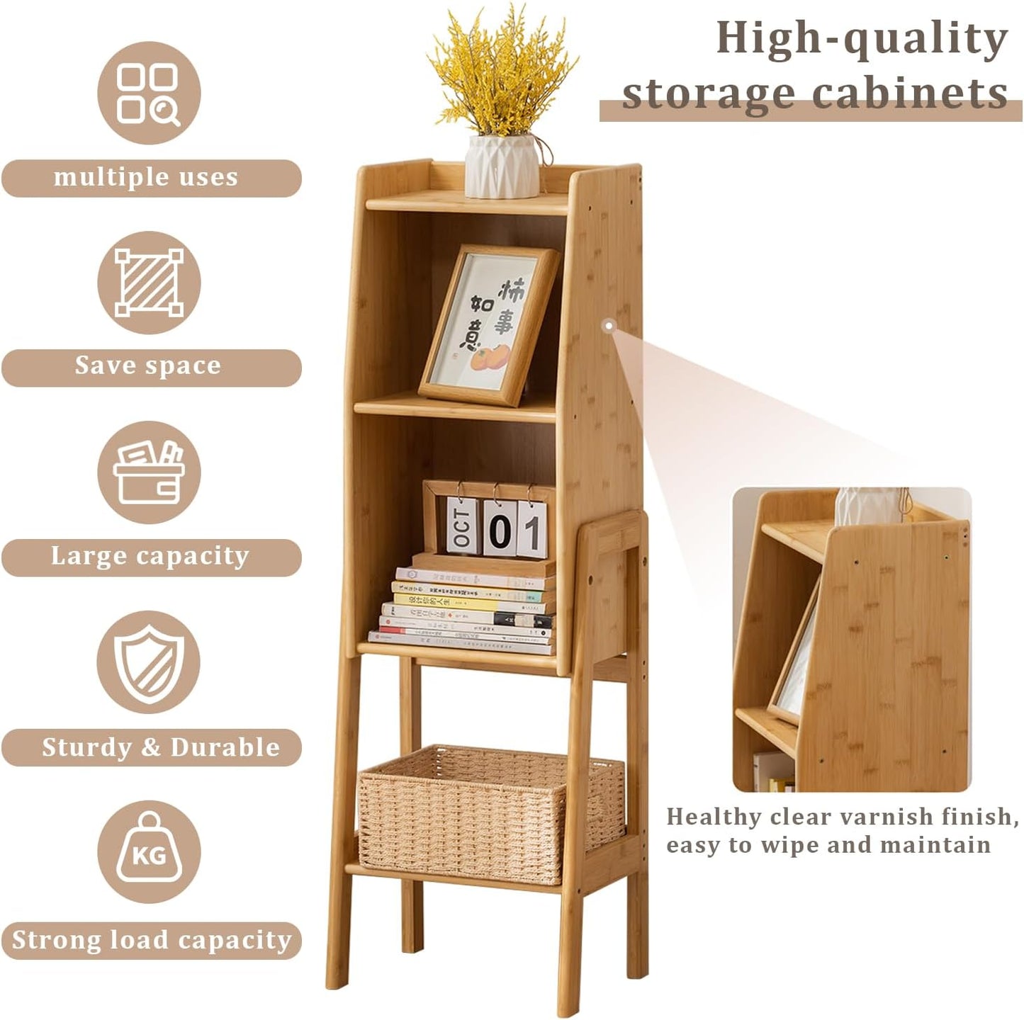 latifolia Bookshelf, 3-Tier Bamboo Bookcase with Bottom Storage Shelving, Narrow Corner Storage Organizer for Modern Living Spaces-Nature