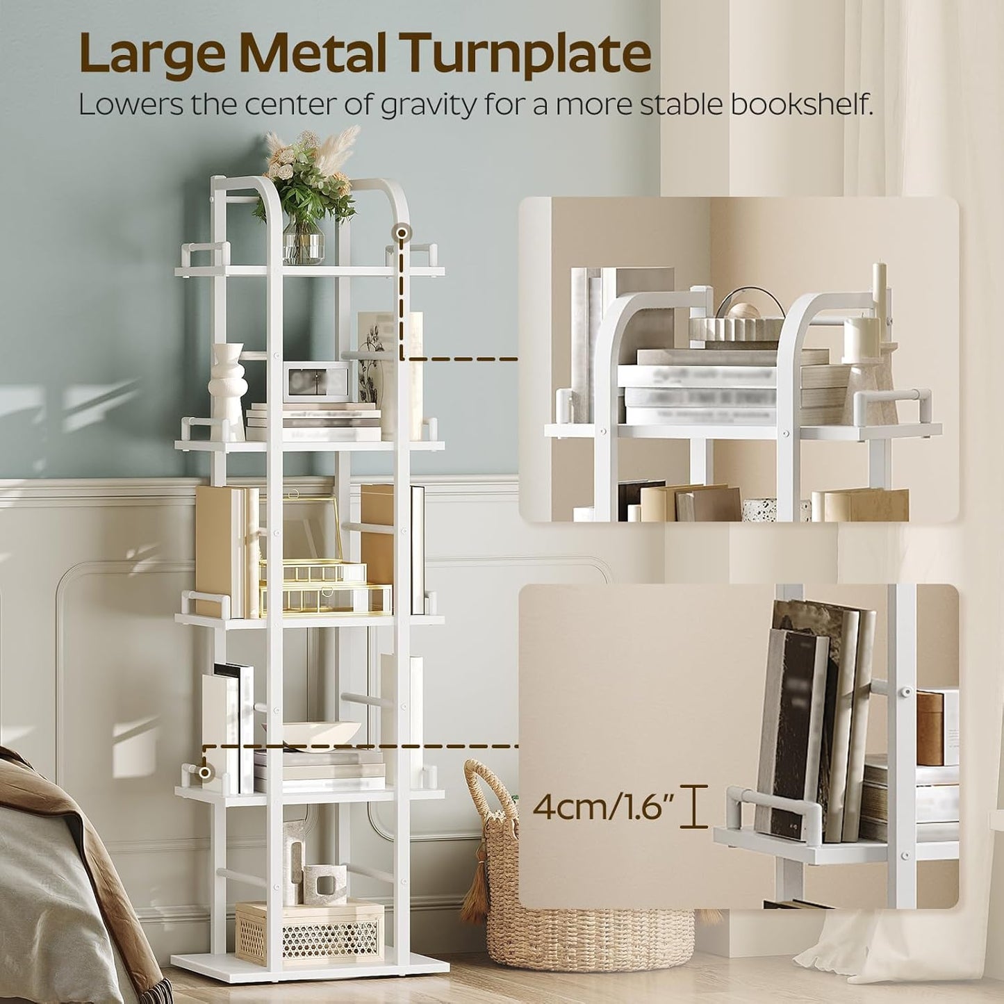 5 Tier Rotating Bookshelf, Freestanding Corner Bookshelf, 360 Spinning Bookcase Tower, Tall Industrial Style Organizer, Storage Shelf Bookcase for Living Room, Study, White SJ02WW
