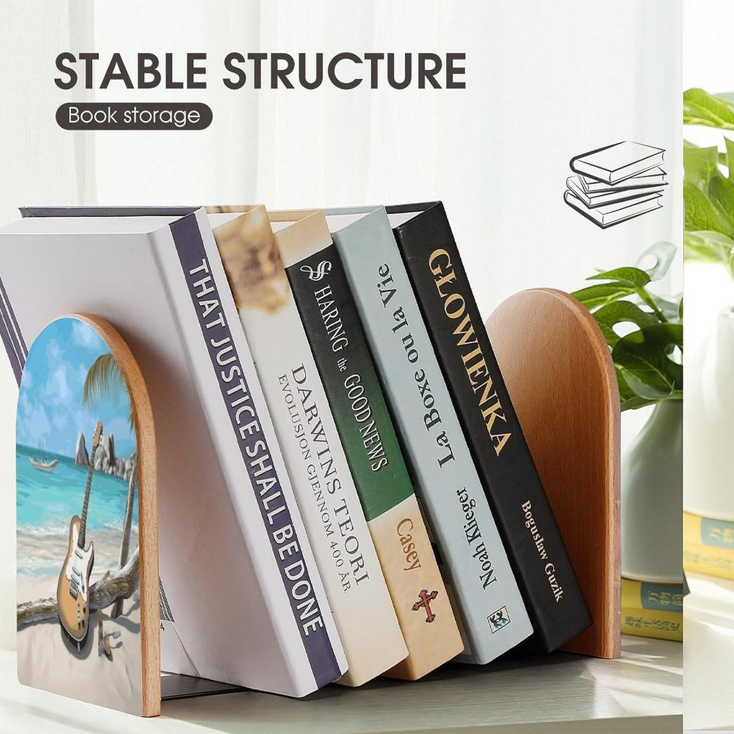 Non-Slip Bookend for Shelves Guitar on The Beach Wooden Bookends with Metal Base Decorative Book Stopper for Home Heavy Duty Wood Book Storage for Books/CDs