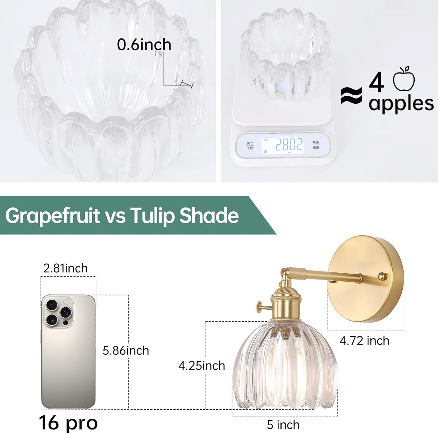 Vintage Wall Sconces with Transparent Tulip Glass Lampshade 180 Degree Adjustable Brass Sconces Hradwired Modern Wall Lighting Fixture with Switch for Bedside Bedroom Doorway