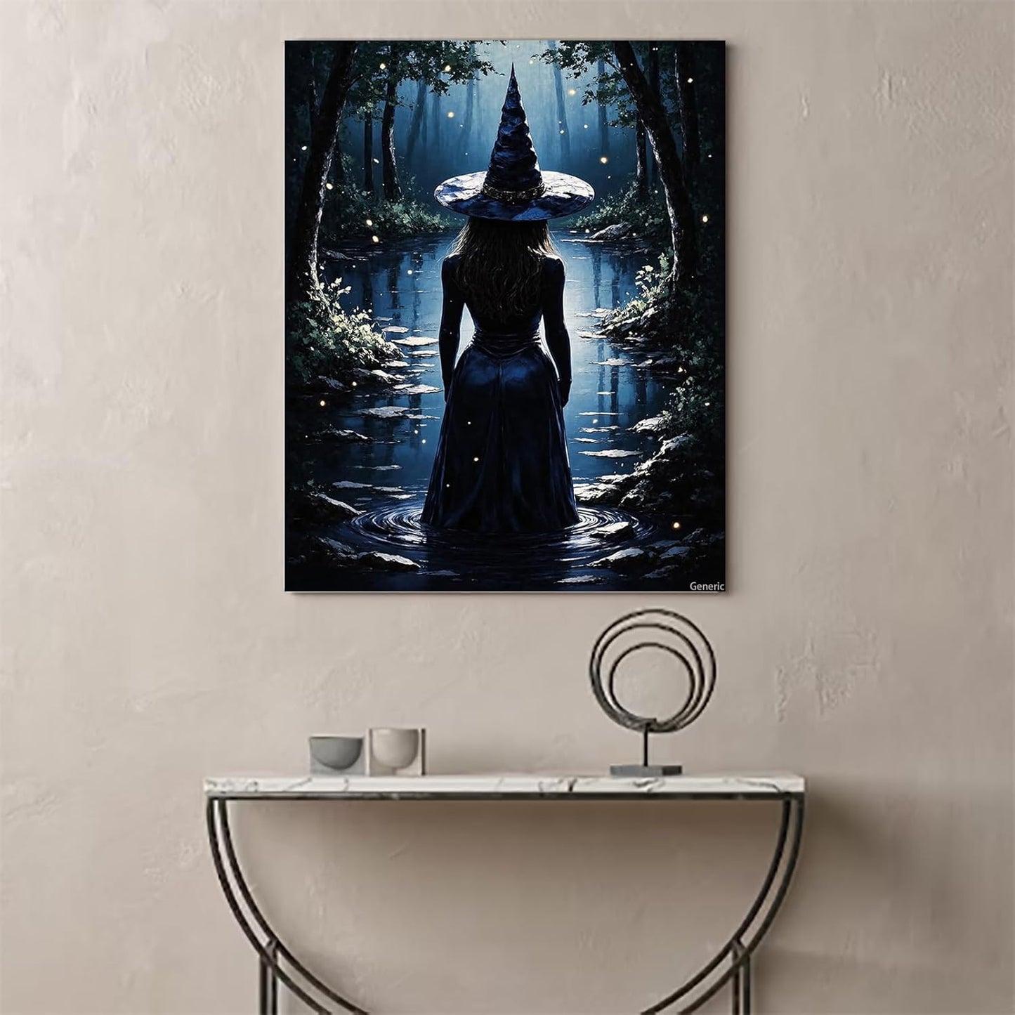 Witch in the Firefly Forest Lake Halloween Canvas Wall Art Vintage Poster Spooky Horror Decor Autumn Dark Art Print for Gothic Living Room Bedroom Decor 8x10inch Frame