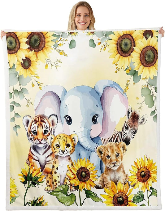 Erosebridal Kids Animal Print Blanket Throw 50"x60",Elephant Tiger Lion Leopard Blankets and Throws Bedroom Decor,Jungle Safari Sherpa Blanket Farmhouse Sunflower Floral Fleece Blanket for Bed Couch