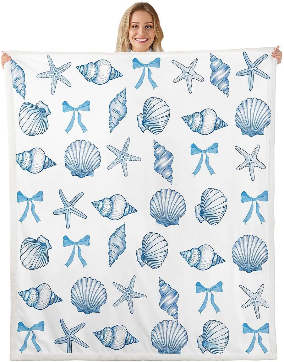 Feelyou Starfish Shell Sherpa Throw Blanket for Couch Coastal Sealife Super Soft Cozy Fleece Nautical Beach Blanket for Winter, Plush Throw Summer Ocean Baby 30"x40" All Season